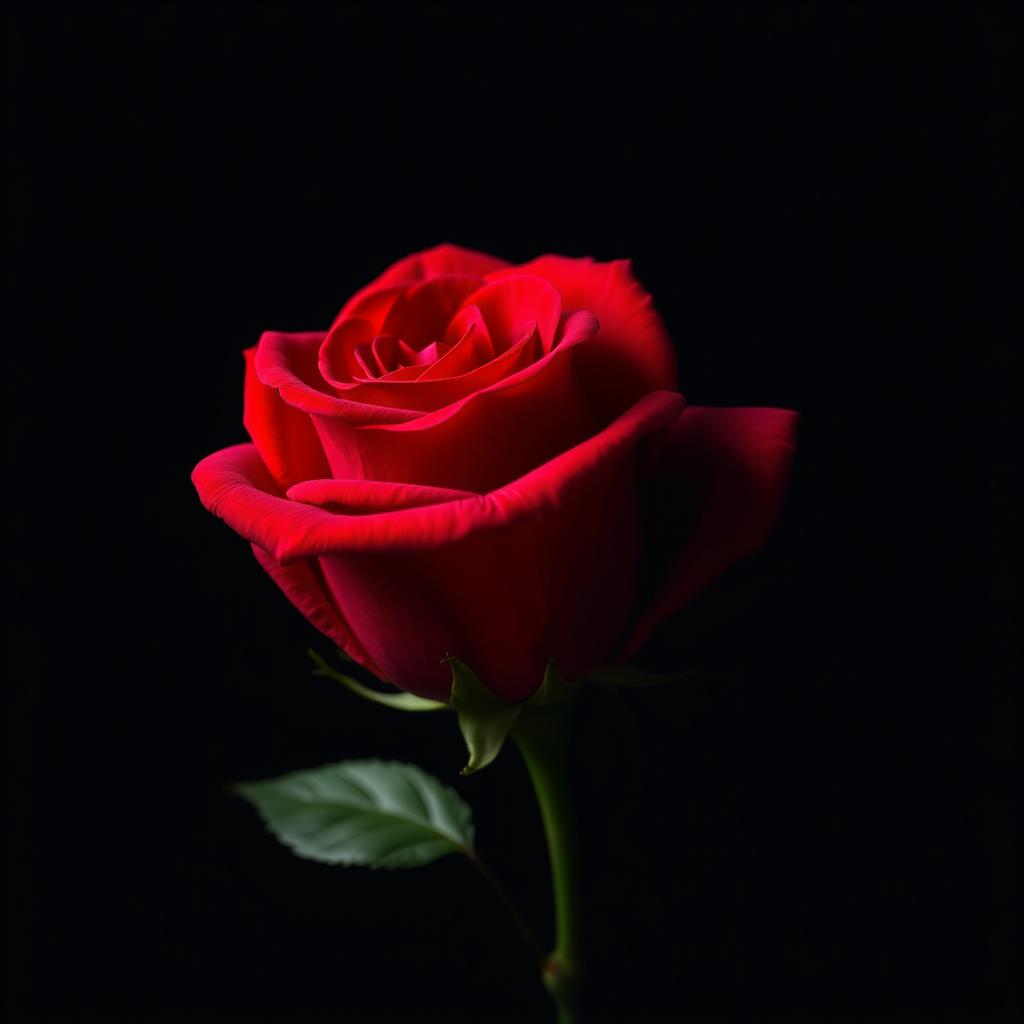 Una hermosa rosa roja cubierta de sangre, con sus pétalos vibrantes y brillantes, que contrastan con un tallo completo de color verde