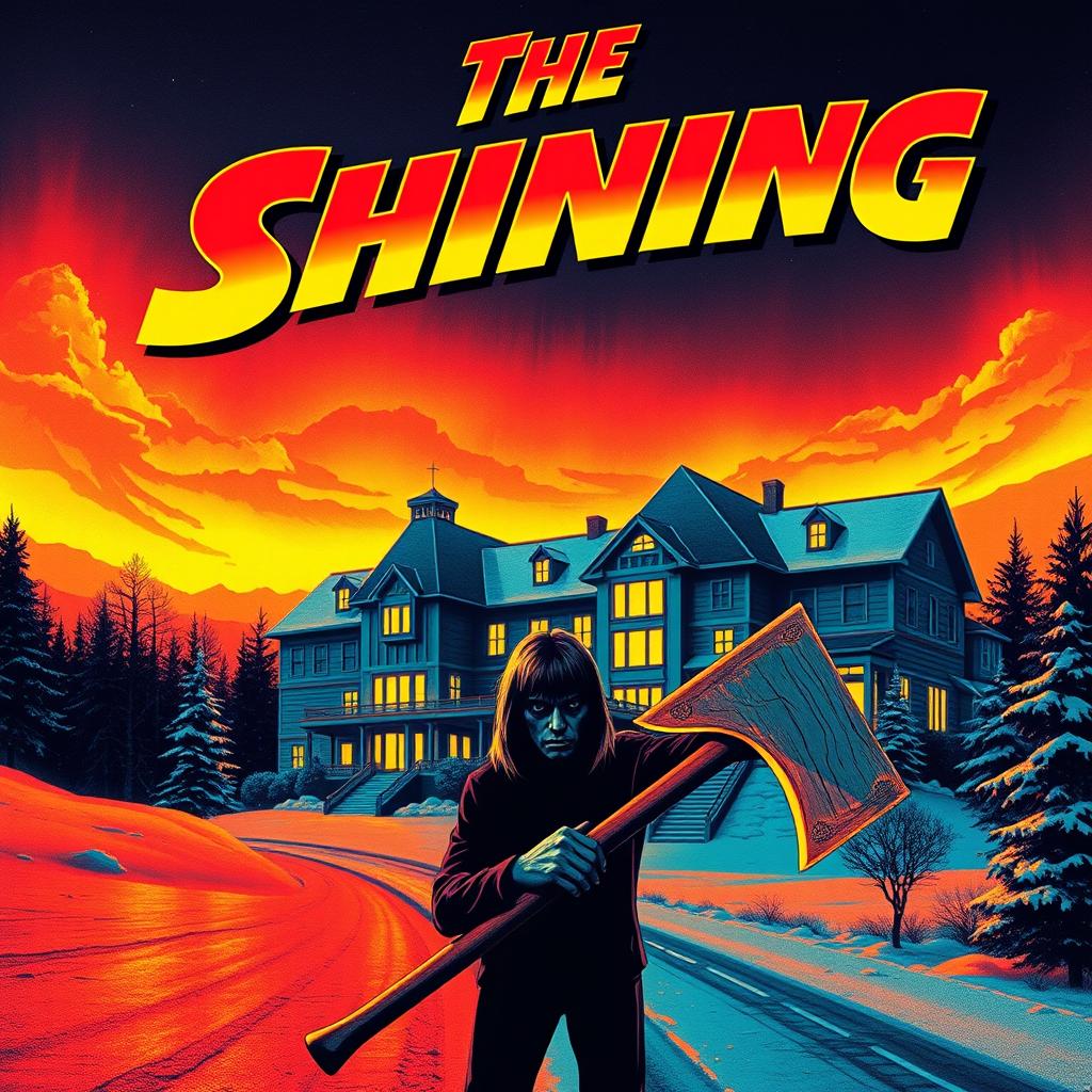 An eye-catching retro poster design featuring a vibrant, glowing scene inspired by the classic movie 'The Shining'