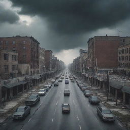 A chilling image of a city overrun during a zombie apocalypse, showcasing deserted streets, abandoned cars, and looming hordes of zombies under a foreboding, cloudy sky.