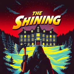 An eye-catching retro poster design featuring a vibrant, glowing scene inspired by the classic movie 'The Shining'