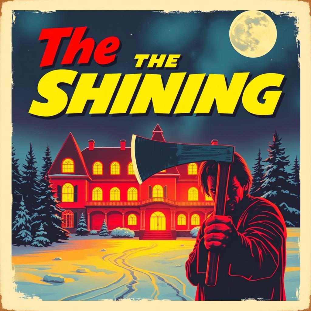 An eye-catching retro poster design featuring a vibrant, glowing scene inspired by the classic movie 'The Shining'