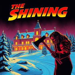 An eye-catching retro poster design featuring a vibrant, glowing scene inspired by the classic movie 'The Shining'