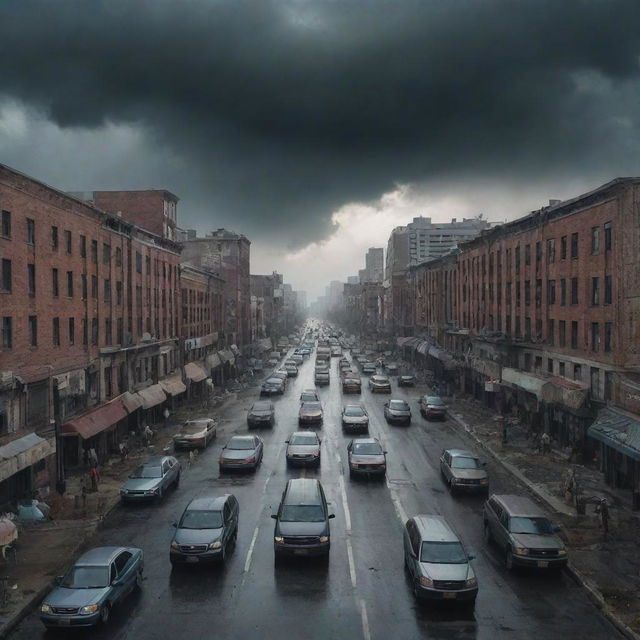 A chilling image of a city overrun during a zombie apocalypse, showcasing deserted streets, abandoned cars, and looming hordes of zombies under a foreboding, cloudy sky.