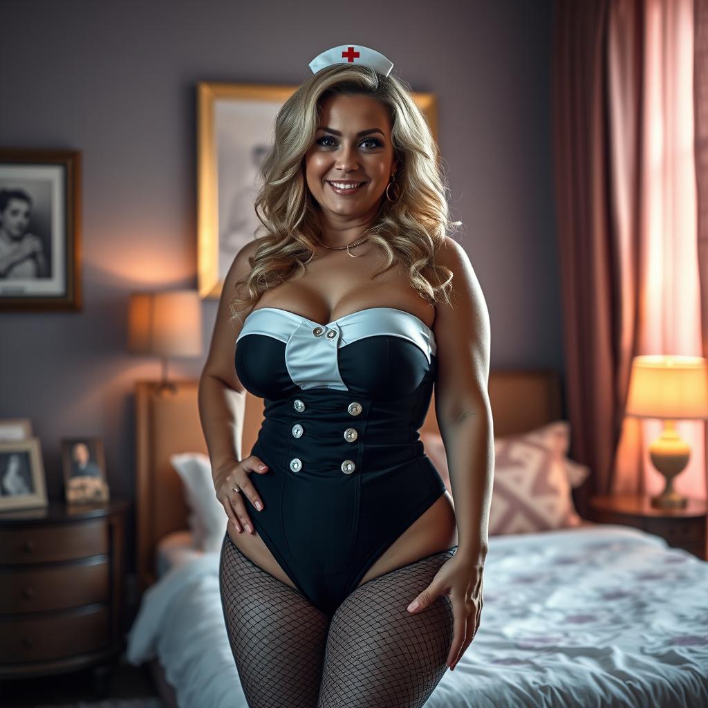 Cinematic photo of a curvy 40-year-old woman posing in a stylish bedroom