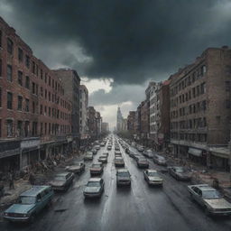 A chilling image of a city overrun during a zombie apocalypse, showcasing deserted streets, abandoned cars, and looming hordes of zombies under a foreboding, cloudy sky.