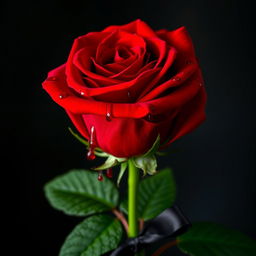 A striking red rose adorned with drops of blood glistening on its vibrant petals, highlighting its beauty and freshness