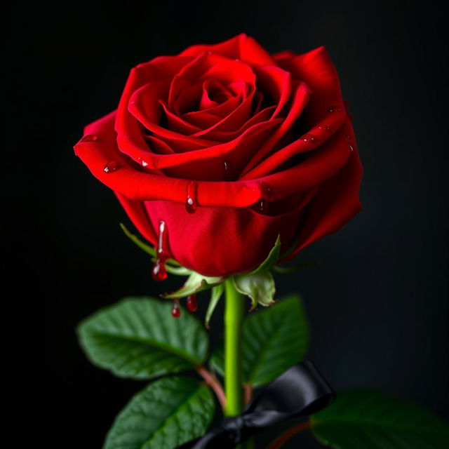 A striking red rose adorned with drops of blood glistening on its vibrant petals, highlighting its beauty and freshness