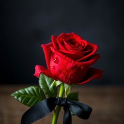 A striking red rose adorned with drops of blood glistening on its vibrant petals, highlighting its beauty and freshness