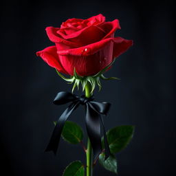 A striking red rose adorned with drops of blood glistening on its vibrant petals, highlighting its beauty and freshness