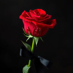 A striking red rose adorned with drops of blood glistening on its vibrant petals, highlighting its beauty and freshness