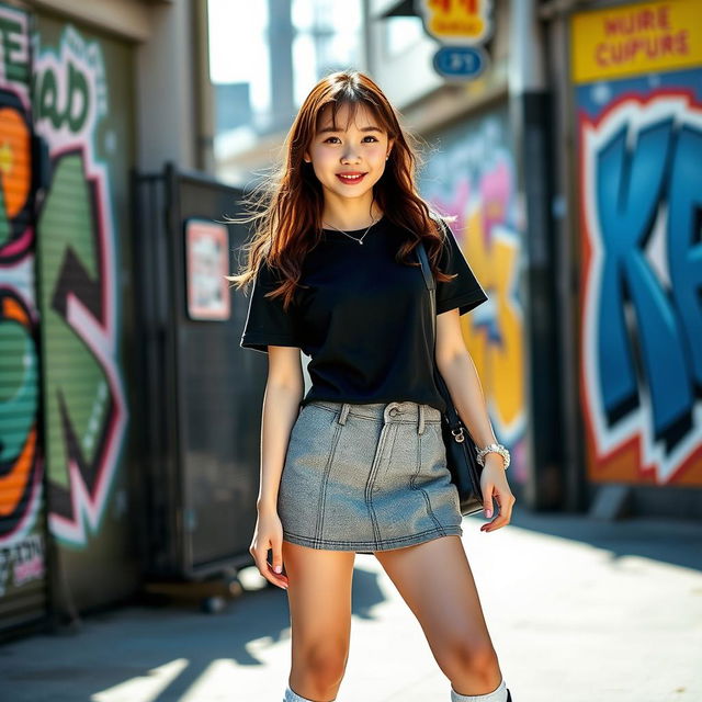 A fashionable teenage girl showcasing a modern twist on Korean schoolgirl fashion, featuring a stylish short t-shirt that offers a fitted look, paired with a trendy, short iskat (skirt) that highlights her legs