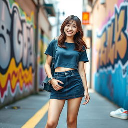 A fashionable teenage girl showcasing a modern twist on Korean schoolgirl fashion, featuring a stylish short t-shirt that offers a fitted look, paired with a trendy, short iskat (skirt) that highlights her legs