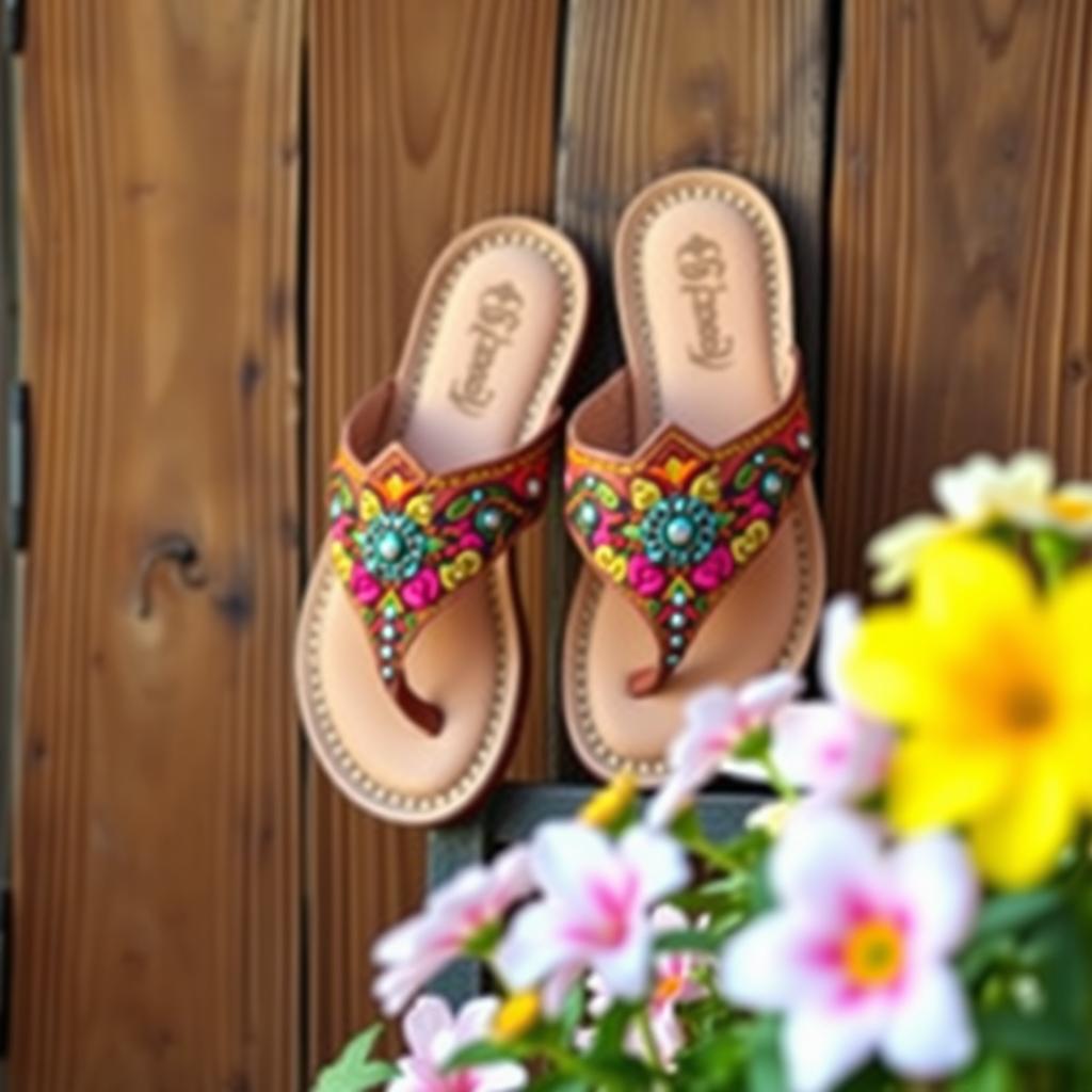 A beautiful pair of sandals displayed elegantly, featuring intricate designs with vibrant colors and patterns