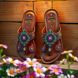 A beautiful pair of sandals displayed elegantly, featuring intricate designs with vibrant colors and patterns