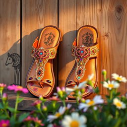 A beautiful pair of sandals displayed elegantly, featuring intricate designs with vibrant colors and patterns