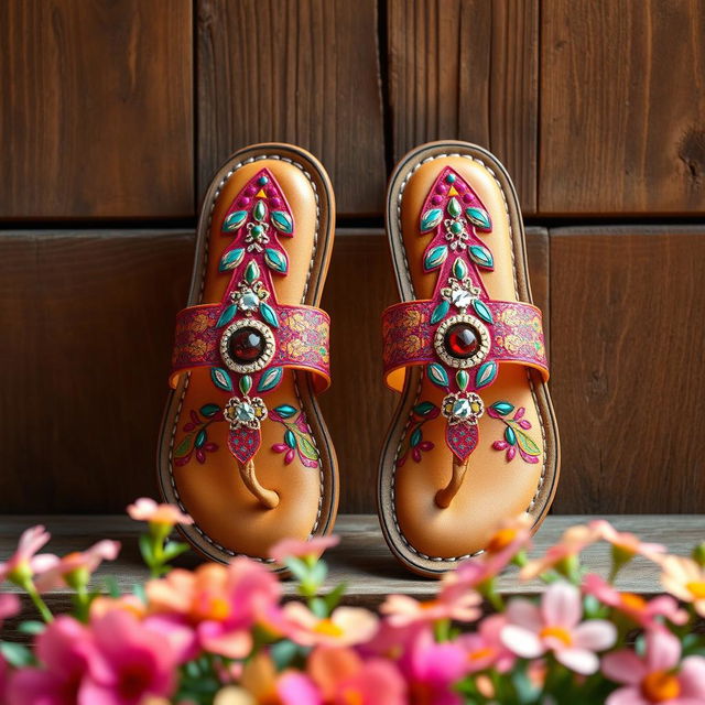 A beautiful pair of sandals displayed elegantly, featuring intricate designs with vibrant colors and patterns