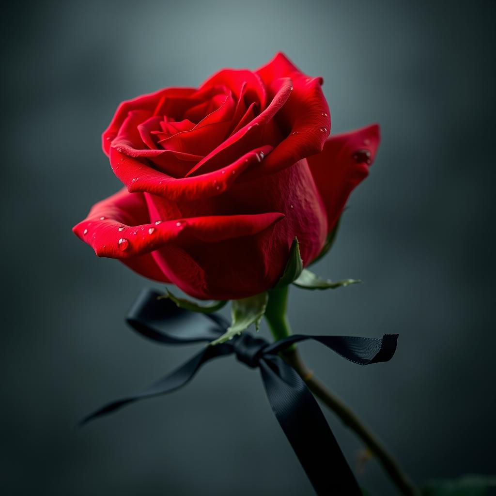 A vivid red rose with glistening drops of blood on its delicate petals, showcasing its captivating beauty