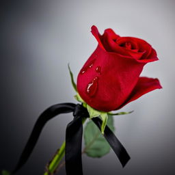 A vivid red rose with glistening drops of blood on its delicate petals, showcasing its captivating beauty