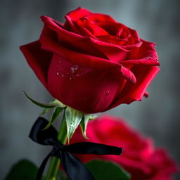 A vivid red rose with glistening drops of blood on its delicate petals, showcasing its captivating beauty