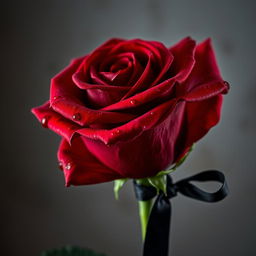 A vivid red rose with glistening drops of blood on its delicate petals, showcasing its captivating beauty