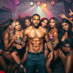 A semi-naked African American rapper with a confident demeanor, showcasing muscular arms and tattoos, surrounded by a diverse group of beautiful women with flowing hair and stylish outfits