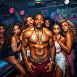 A semi-naked African American rapper with a confident demeanor, showcasing muscular arms and tattoos, surrounded by a diverse group of beautiful women with flowing hair and stylish outfits