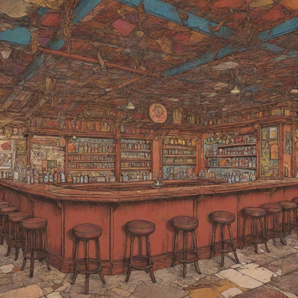 In a blend of comic book art and lineart, filled with rich and natural colors, illustrate the eclectic interior of an Indian bar, complete with a threateningly cracked roof on the brink of falling off.