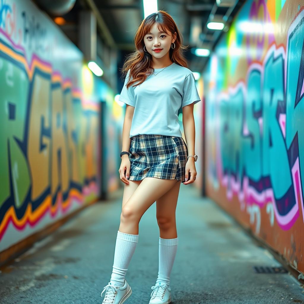 A fashionable teenage girl showcasing a contemporary Korean schoolgirl fashion look