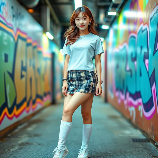 A fashionable teenage girl showcasing a contemporary Korean schoolgirl fashion look