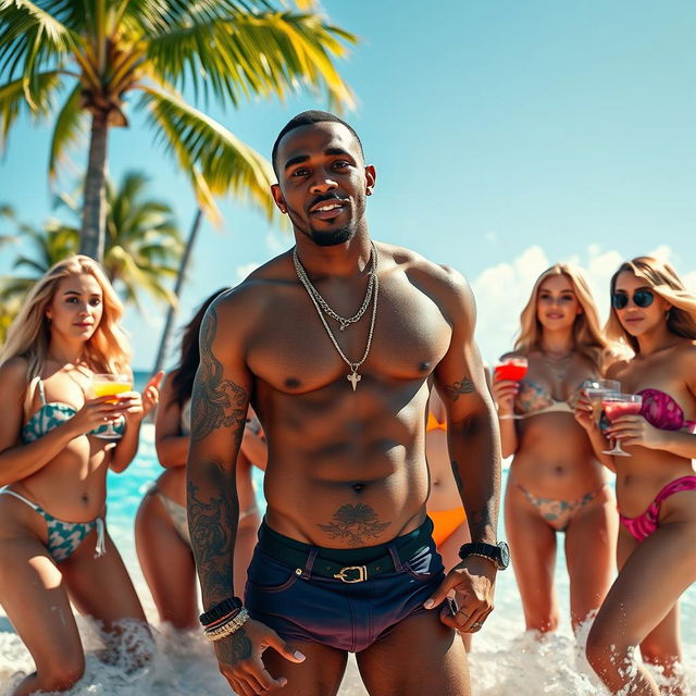 A semi-naked African American rapper with a confident demeanor, showcasing a toned physique and stylish tattoos, surrounded by a group of beautiful white women in glamorous beach attire