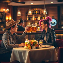 A cozy restaurant scene featuring a young couple enjoying a romantic dinner at a small table, surrounded by warm candlelight and elegant decor