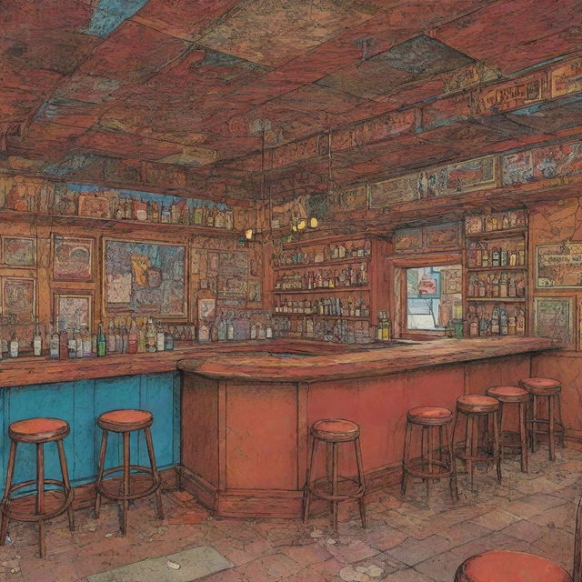 In a blend of comic book art and lineart, filled with rich and natural colors, illustrate the eclectic interior of an Indian bar, complete with a threateningly cracked roof on the brink of falling off.