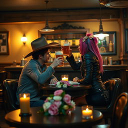 A cozy restaurant scene featuring a young couple enjoying a romantic dinner at a small table, surrounded by warm candlelight and elegant decor