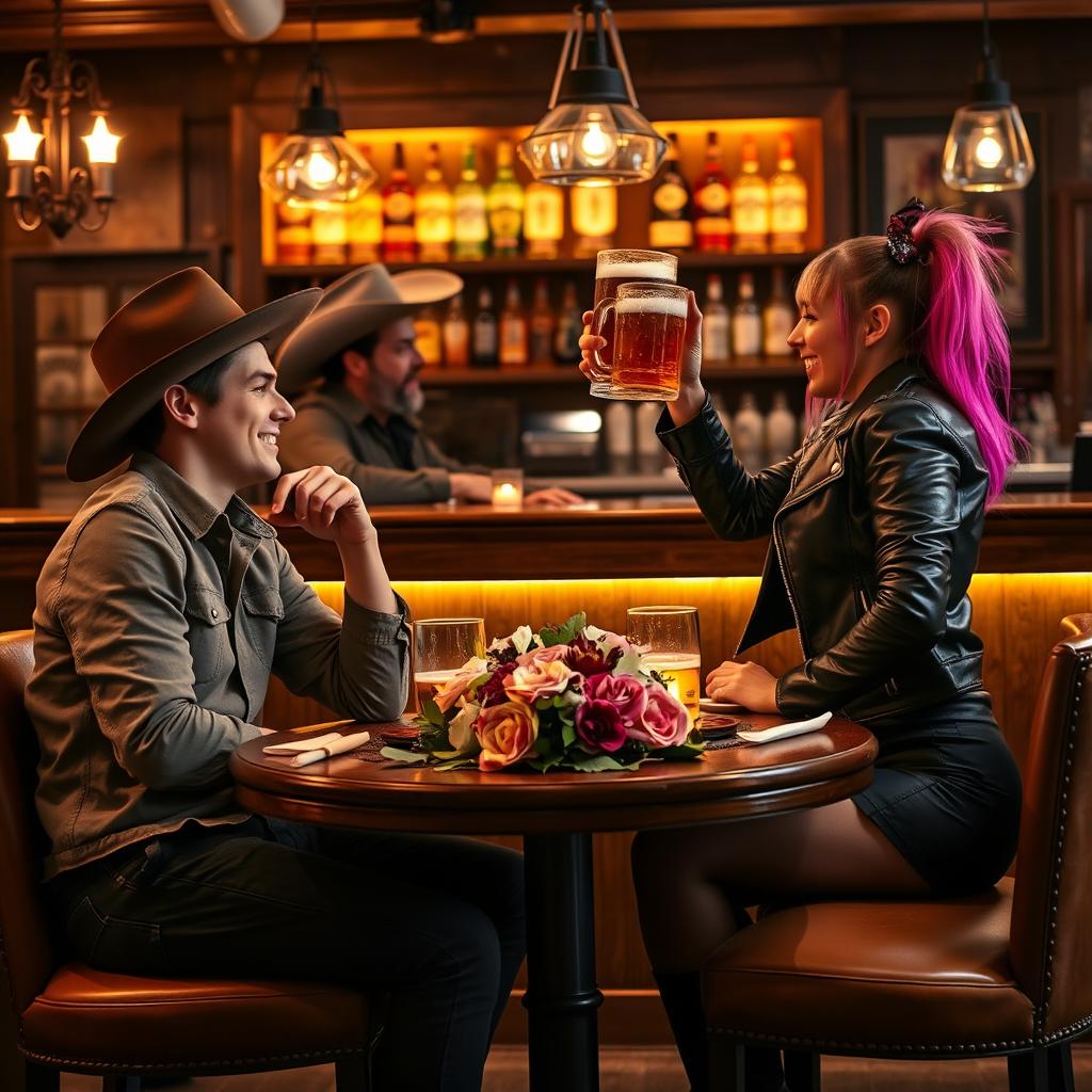 A cozy restaurant scene featuring a young couple enjoying a romantic dinner at a small table, surrounded by warm candlelight and elegant decor