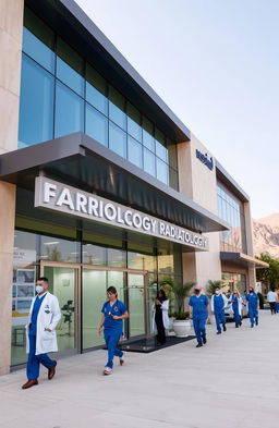 An exterior view of a modern radiology department at a hospital in Jordan, showcasing sleek architecture and large glass windows