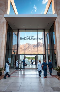 An exterior view of a modern radiology department at a hospital in Jordan, showcasing sleek architecture and large glass windows