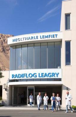 An exterior view of a modern radiology department at a hospital in Jordan, showcasing sleek architecture and large glass windows