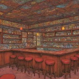 In a blend of comic book art and lineart, filled with rich and natural colors, illustrate the eclectic interior of an Indian bar, complete with a threateningly cracked roof on the brink of falling off.