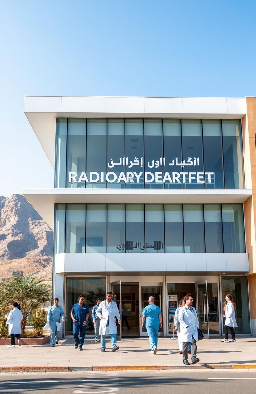 An exterior view of a modern radiology department at a hospital in Jordan, showcasing sleek architecture and large glass windows