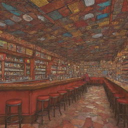 In a blend of comic book art and lineart, filled with rich and natural colors, illustrate the eclectic interior of an Indian bar, complete with a threateningly cracked roof on the brink of falling off.