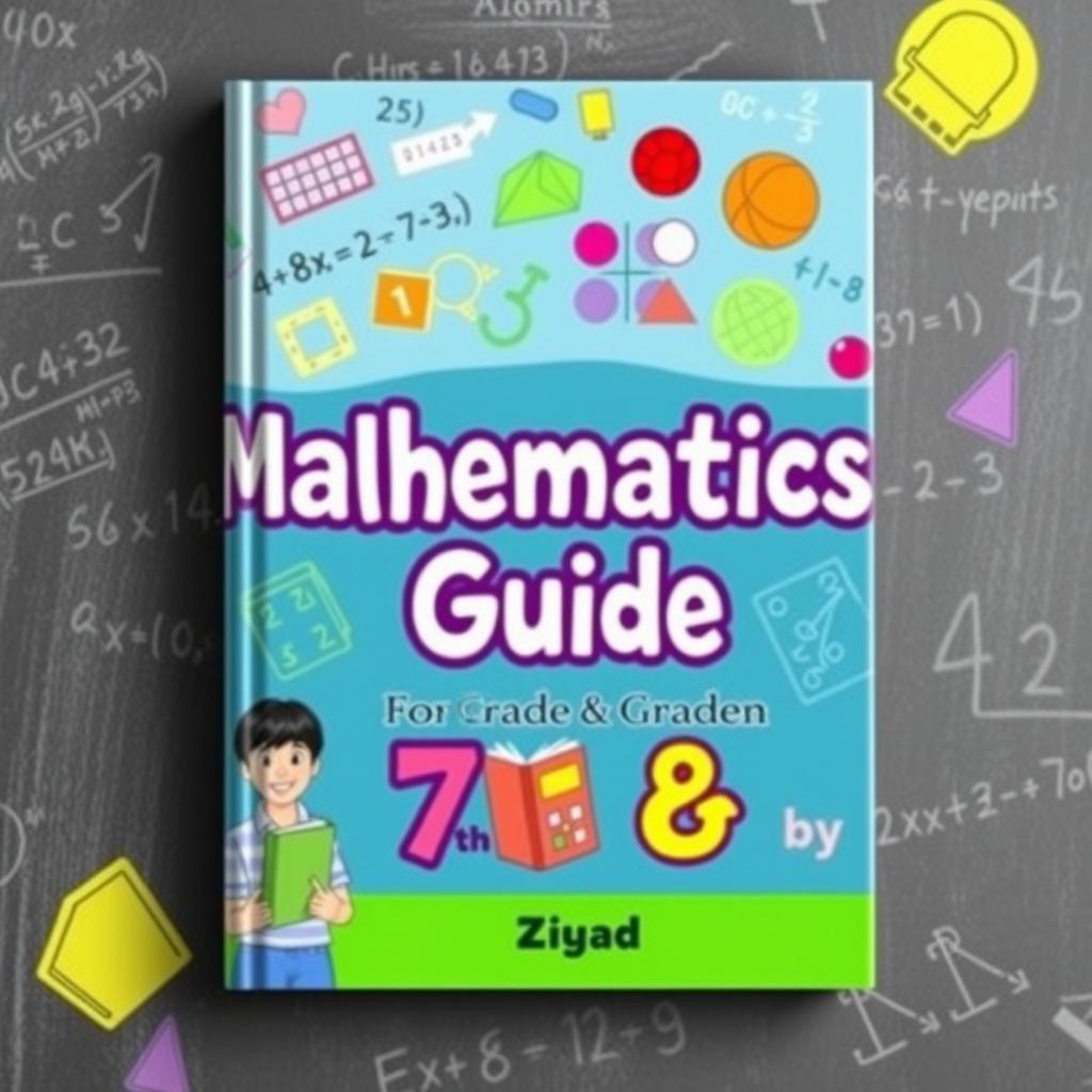 A colorful and engaging cover design for a mathematics guide book aimed at 7th and 8th graders, titled "Mathematics Guide for Grade 7 & 8 by Ziyad