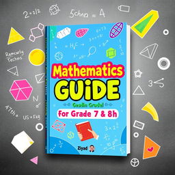 A colorful and engaging cover design for a mathematics guide book aimed at 7th and 8th graders, titled "Mathematics Guide for Grade 7 & 8 by Ziyad