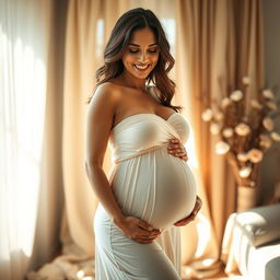 A captivating image of a pregnant woman with prominent breasts, elegantly posed in a flowing maternity dress that accentuates her curves