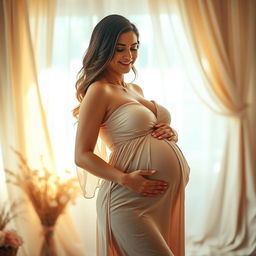 A captivating image of a pregnant woman with prominent breasts, elegantly posed in a flowing maternity dress that accentuates her curves