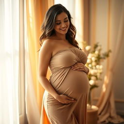 A captivating image of a pregnant woman with prominent breasts, elegantly posed in a flowing maternity dress that accentuates her curves