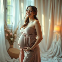 A captivating image of a pregnant woman with prominent breasts, elegantly posed in a flowing maternity dress that accentuates her curves