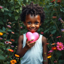 A dark-skinned boy with curly hair reaching his forehead, wearing a white tank top, standing in the middle of a dense thicket