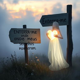 A luminous figure, ethereal and glowing, holding a bright heart in one hand, standing next to a weathered sign that reads "Enterra-me onde meus sonhos morreram"