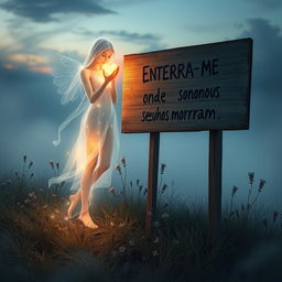 A luminous figure, ethereal and glowing, holding a bright heart in one hand, standing next to a weathered sign that reads "Enterra-me onde meus sonhos morreram"