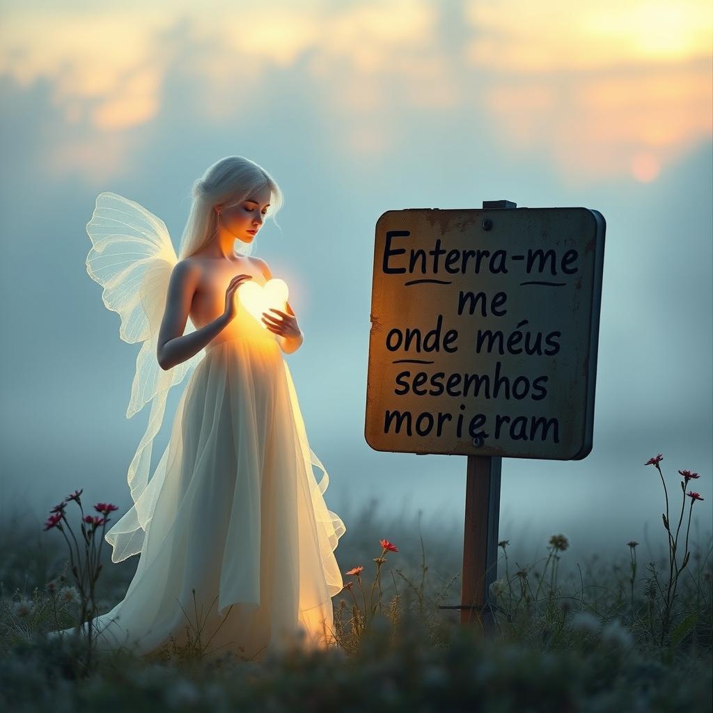 A luminous figure, ethereal and glowing, holding a bright heart in one hand, standing next to a weathered sign that reads "Enterra-me onde meus sonhos morreram"